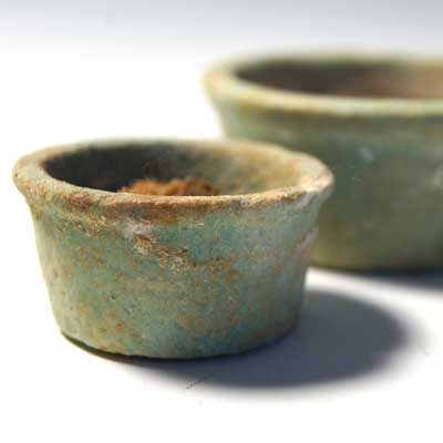 Two Egyptian Faience offering Cups with contents, Dynasty 26, 664-525 BC