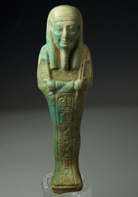 An Egyptian Green Glazed Faience Ushabti for the Overseer of the army Horkhebi, 26th Dynasty c. 664 -525 B.C.