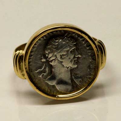 A Roman silver Hadrian denarius ring, ca 3rd century AD