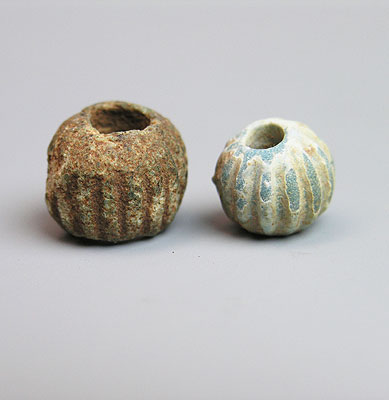 Two Roman faience melon beads, ca 1st century BC/AD