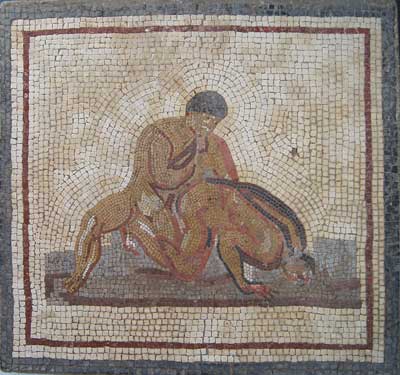 An historic Roman Mosaic of two Pankratic Westlers, ca 1st century AD